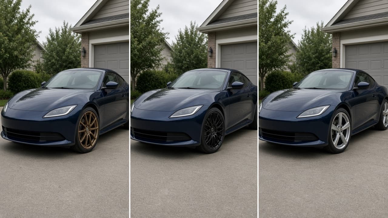 The same navy coupe rendered three times with bronze, gloss black, and silver wheels
