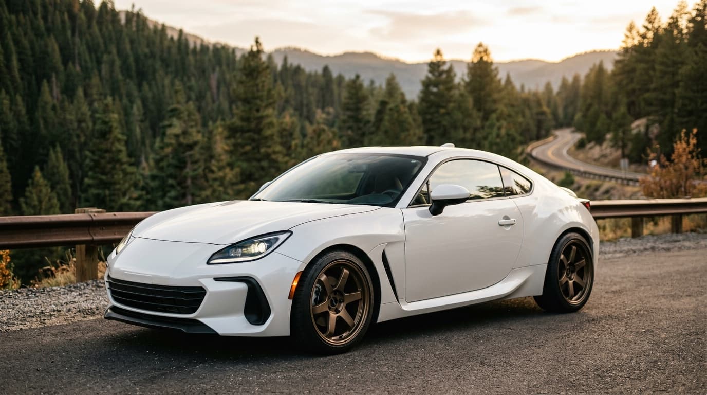 Bronze wheels on a white sports coupe, the classic warm-on-cool pairing that made bronze the enthusiast default