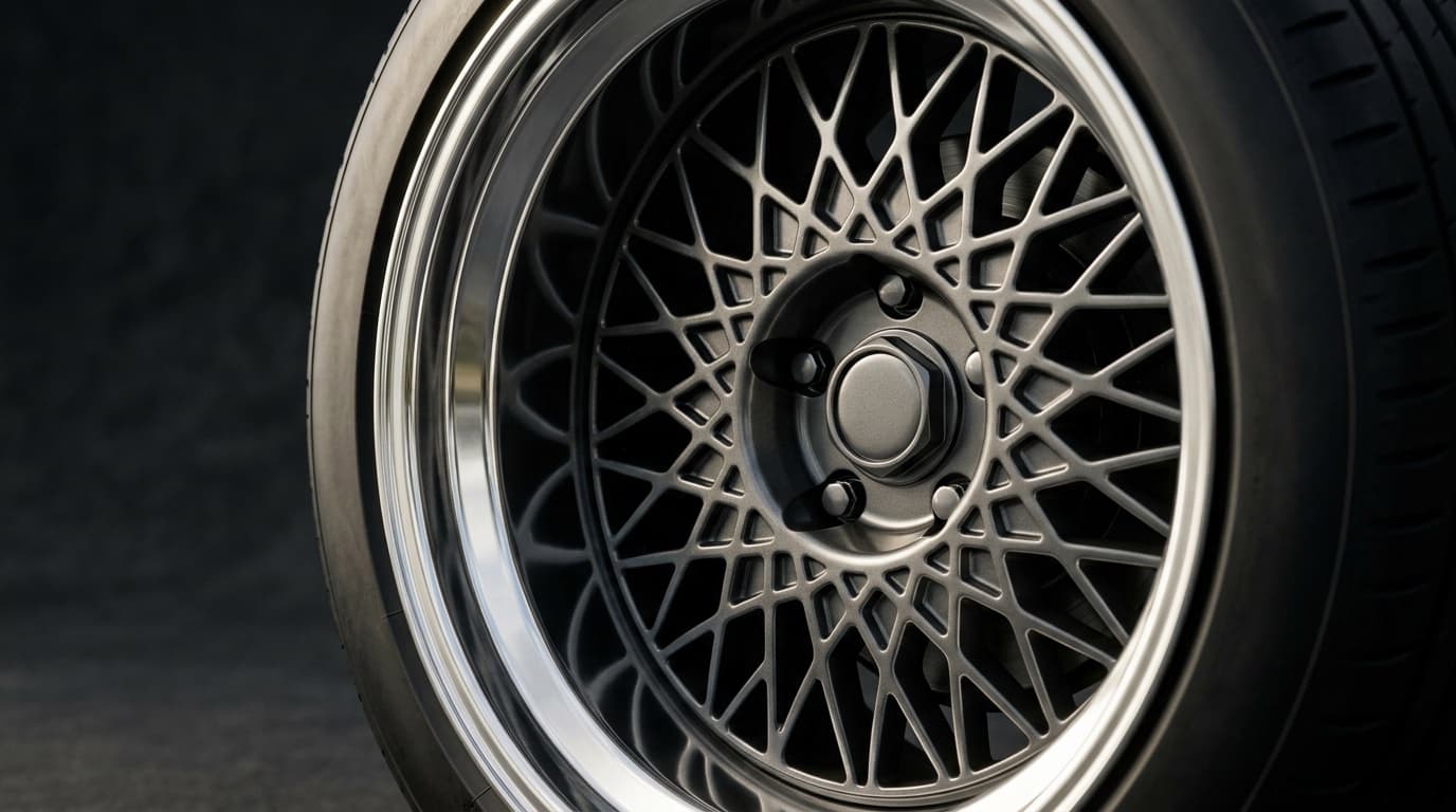 Deep dish mesh wheel with polished lip in gunmetal, showing the wide outer lip that defines the deep dish style