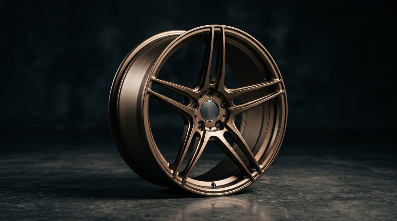 The same five-spoke wheel finished in satin bronze powder coat