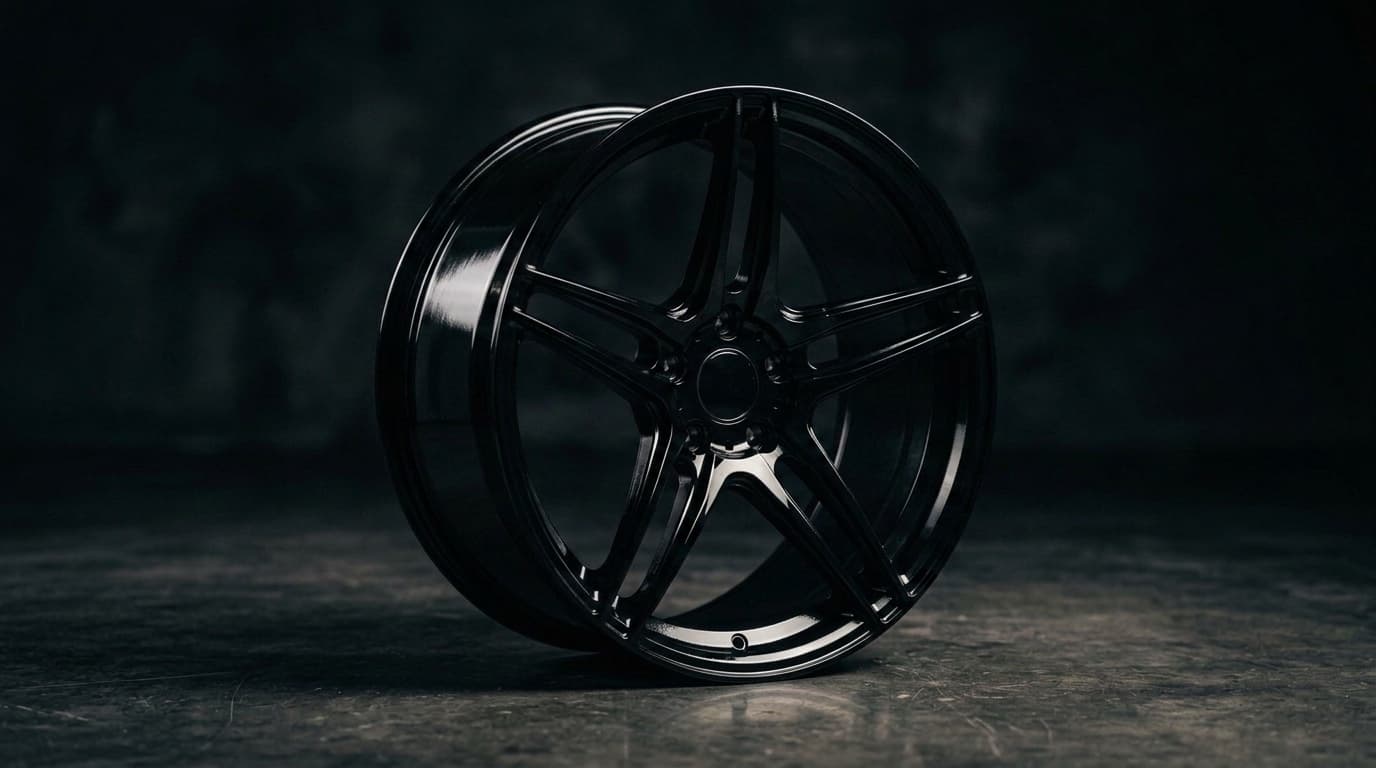 The identical wheel refinished in gloss black powder coat