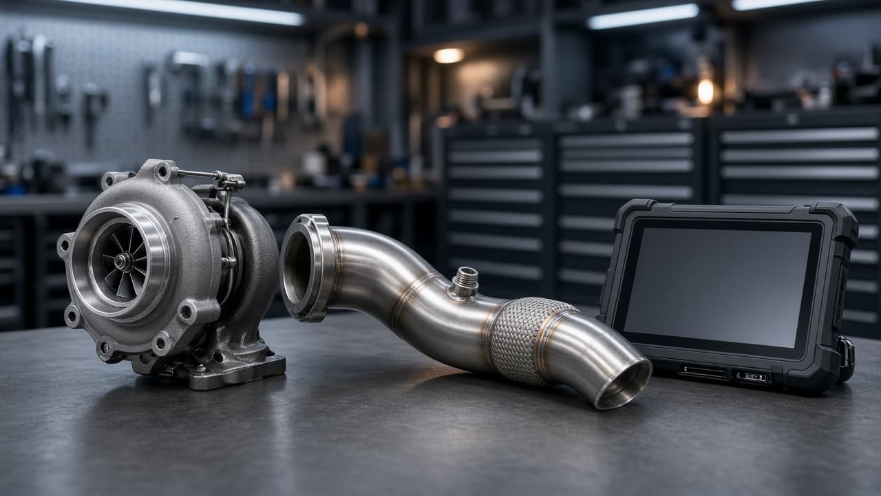 Stage 2 hardware: turbo-back parts and an ECU flashing device on a workshop bench