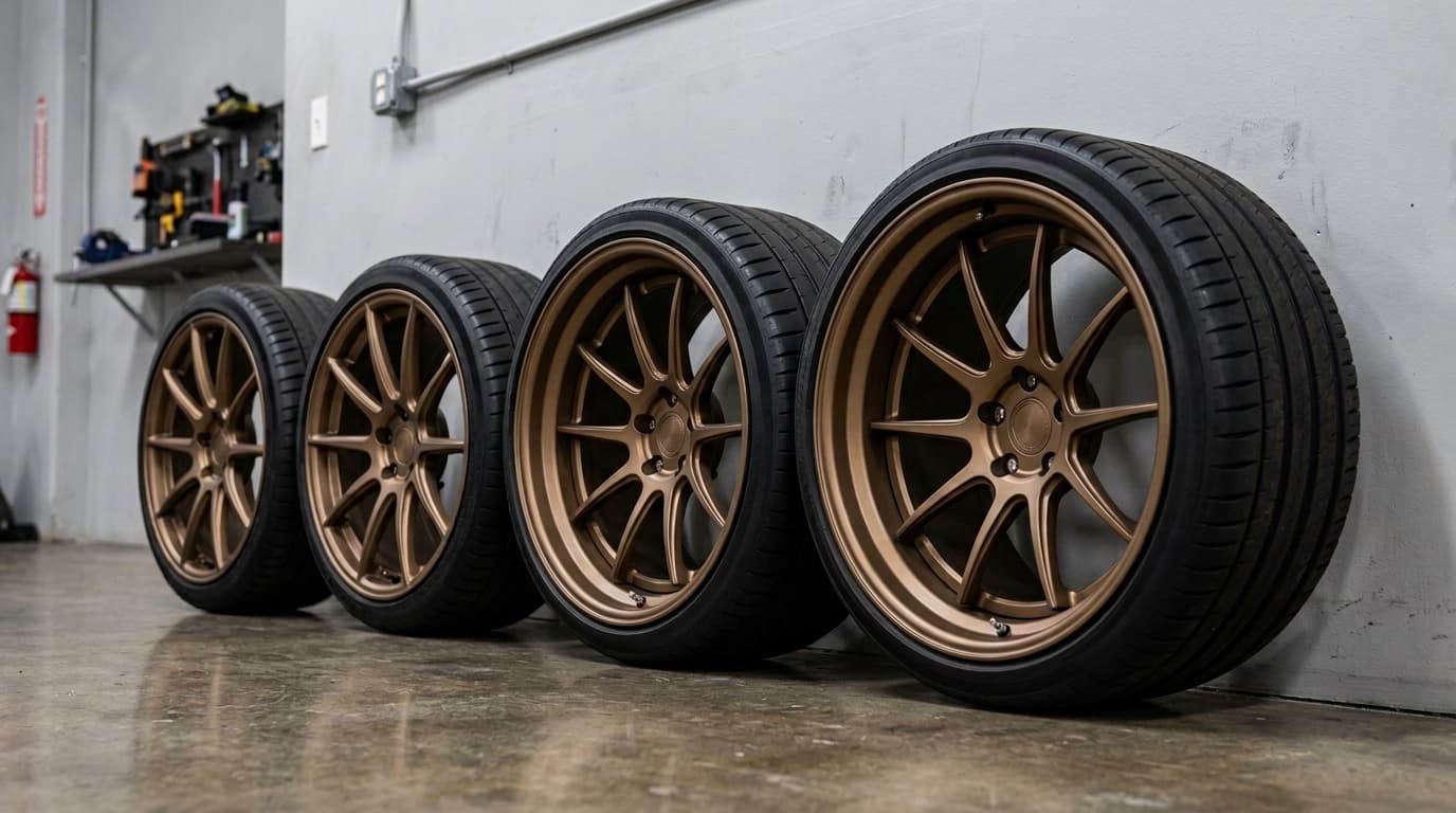Staggered wheel set with narrower front wheels and visibly wider rear wheels lined up in a workshop