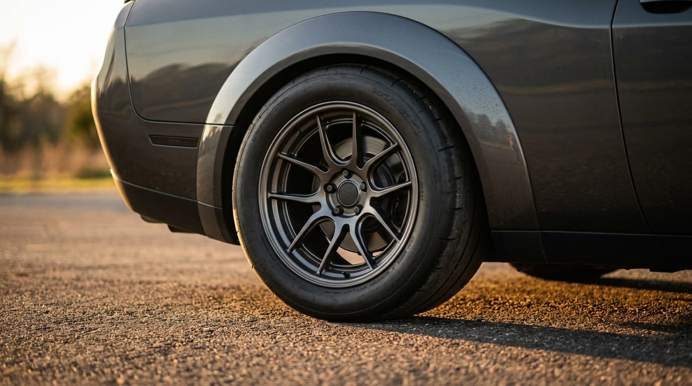 Wide rear tire of a staggered wheel setup putting a large contact patch on the road