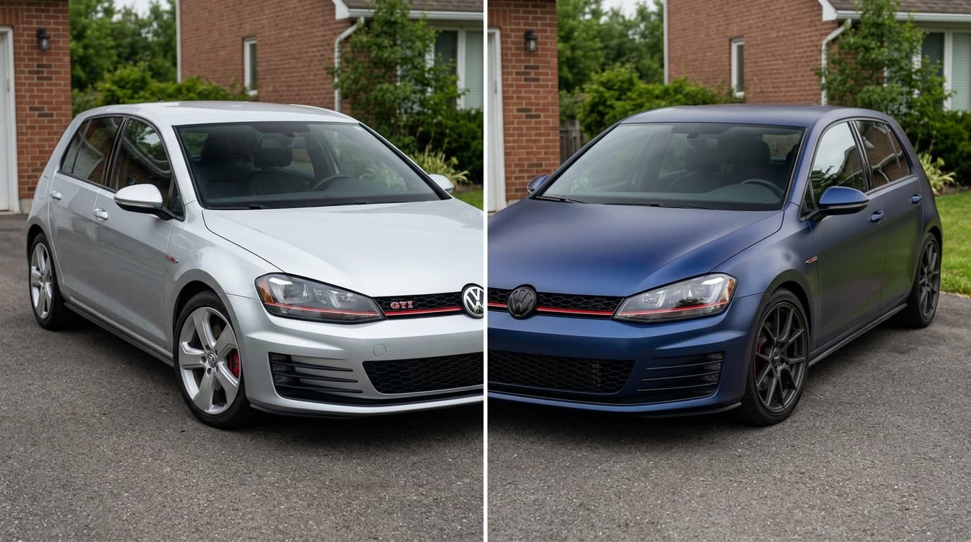 Before and after: the same customer car in factory silver and with a satin midnight-blue wrap and aftermarket wheels