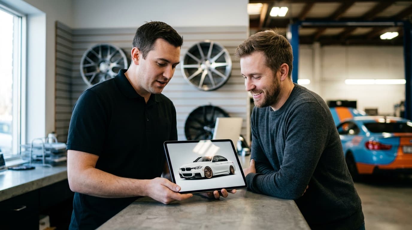 A shop advisor showing a customer a photoreal render of the customer's own car at the tuning counter