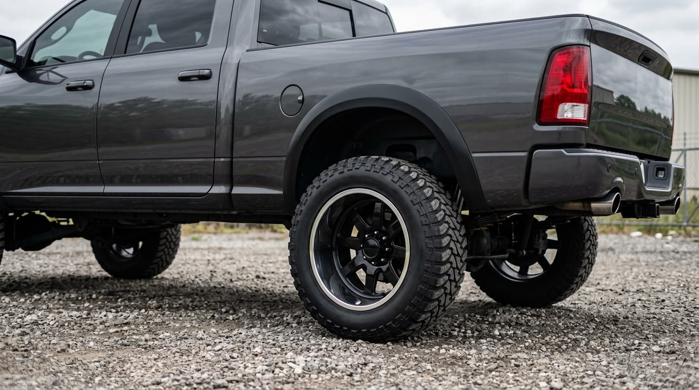 Negative offset deep dish wheels poking past the fender flares of a lifted pickup truck