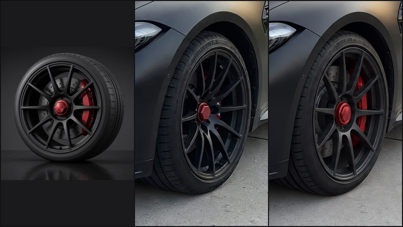 AI wheel visualizer error: a 10-spoke center-lock wheel rendered with about 14 curved spokes on a matte black BMW M3, next to the corrected re-render with 10 straight spokes