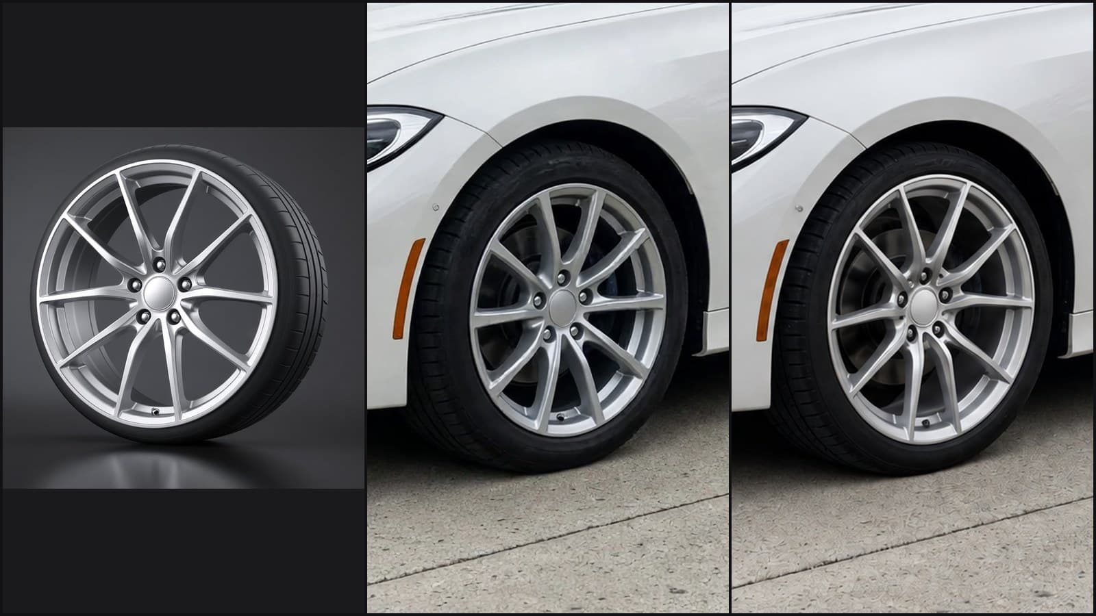 A silver split-spoke wheel rendered with parallel twin spokes on a white BMW 3 Series, next to the re-render that shows the correct Y-split spokes