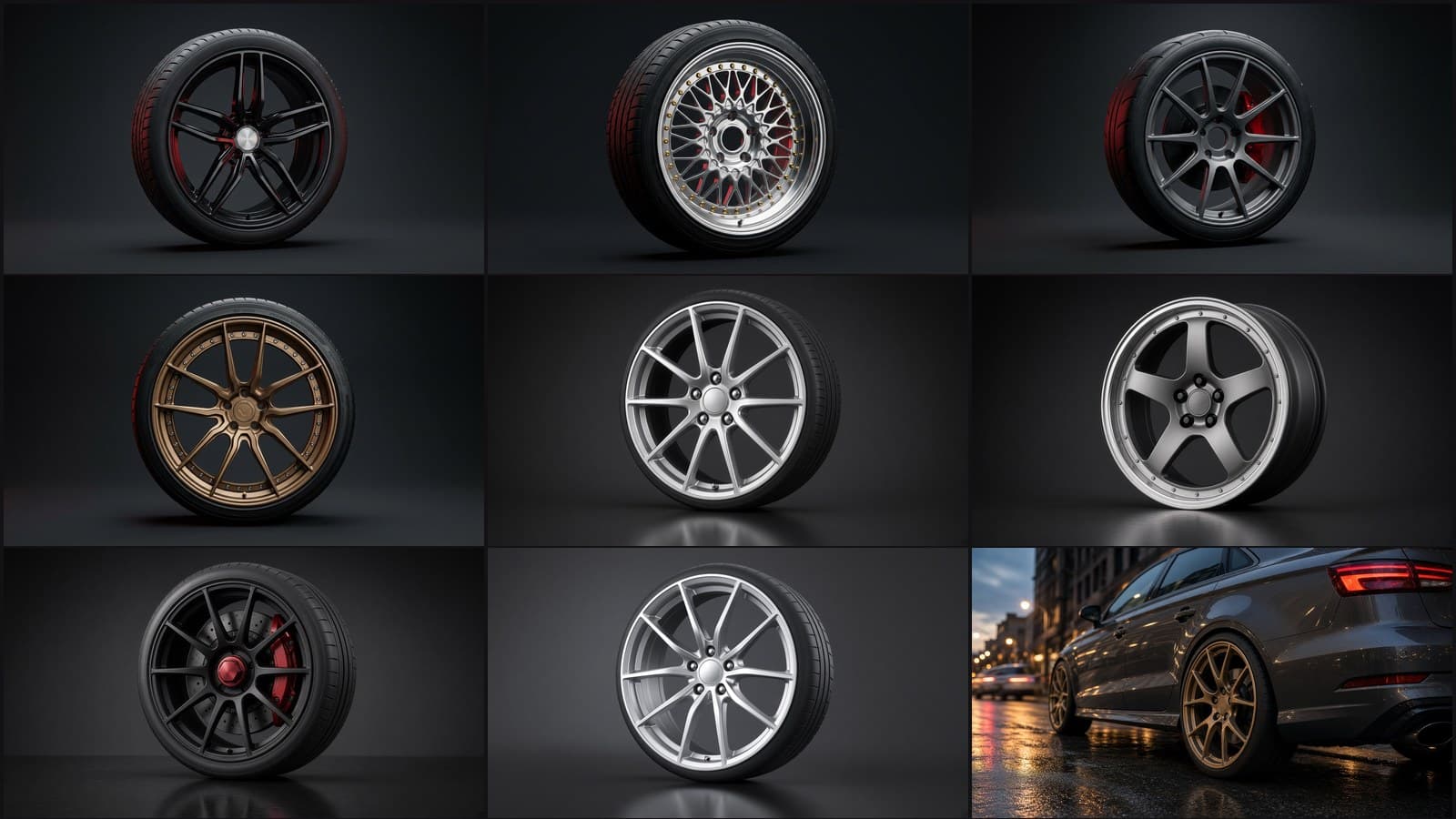 The nine wheels used in our AI wheel render test: four demo-shop wheels, four harder studio wheels including a center-lock and a stepped-lip design, and one bronze wheel photographed on a car in the street