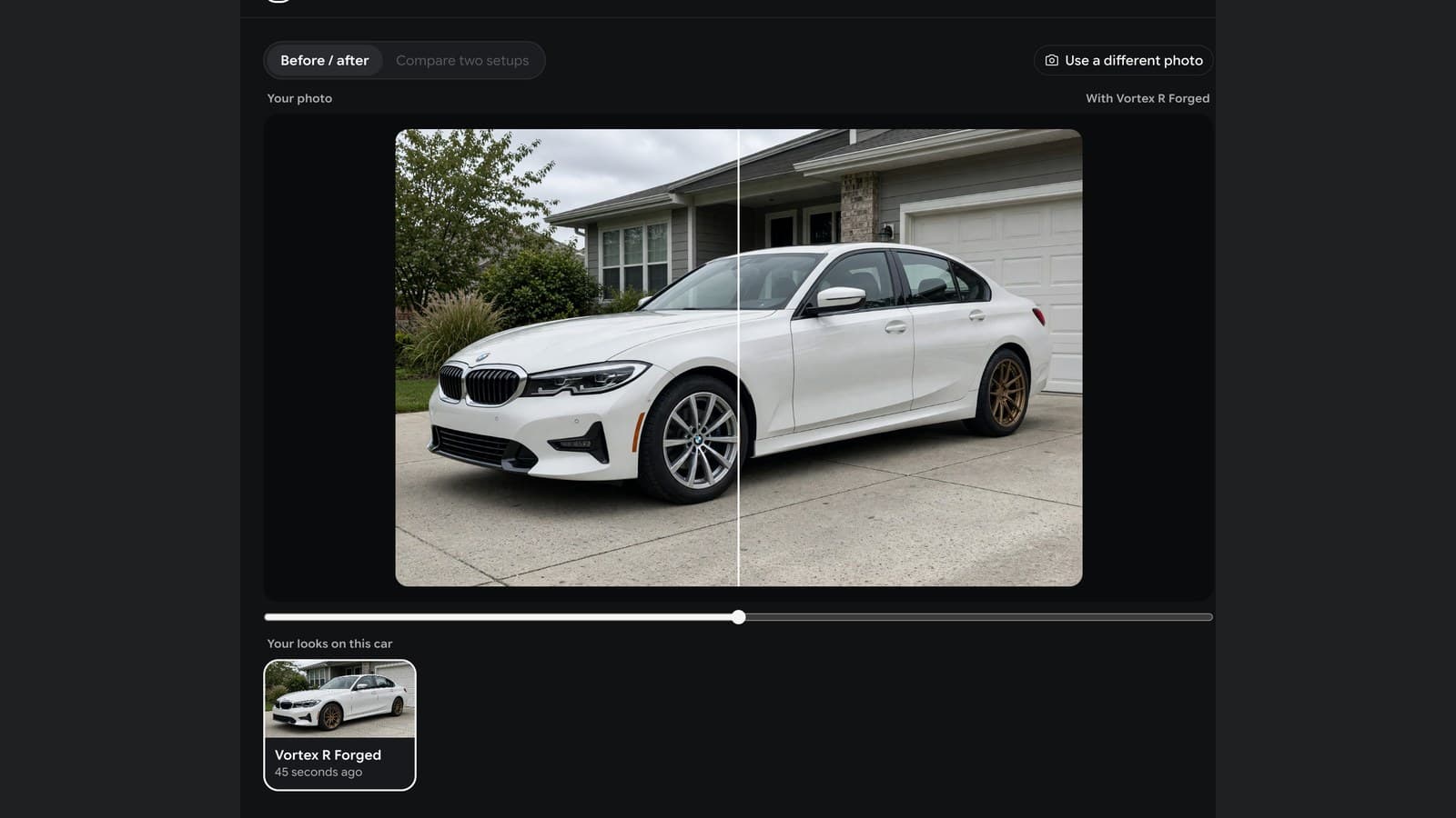 Before and after: the white BMW 3 Series with its factory wheels on the left and bronze Vortex R Forged wheels on the right