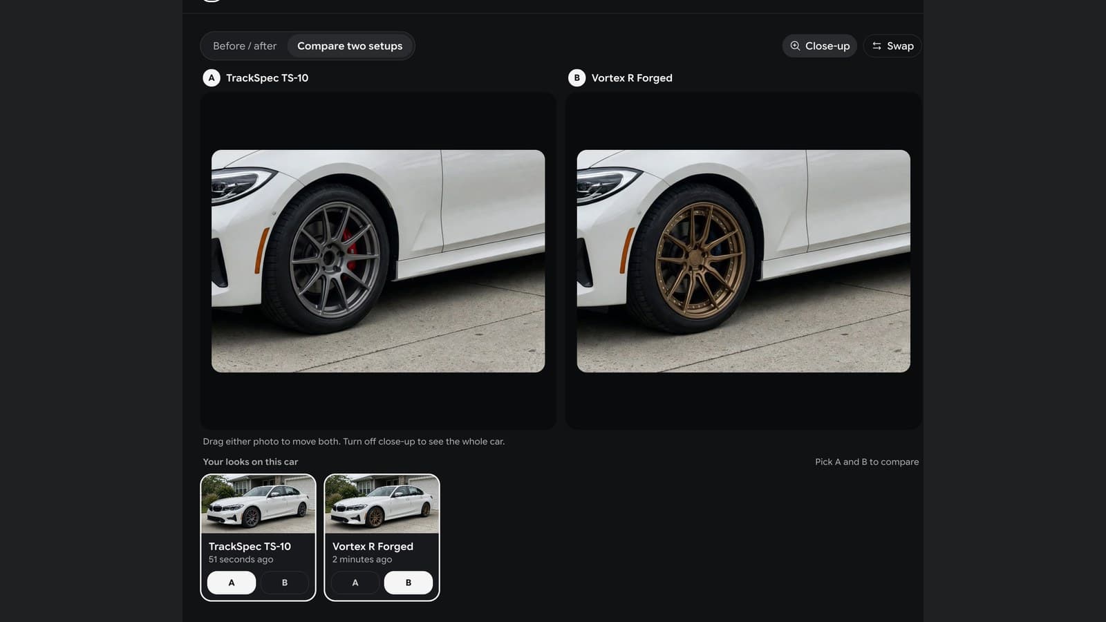 Two wheels compared side by side in close-up on the same car: gunmetal TrackSpec TS-10 and bronze Vortex R Forged