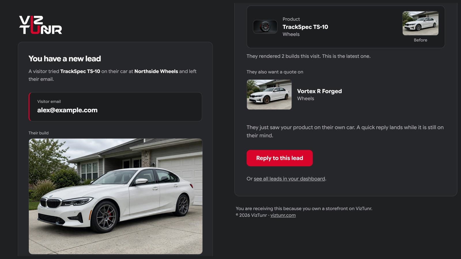 The new-lead email a wheel shop receives: visitor email, the render of the TrackSpec TS-10 on their car, the product, their original photo, and a second setup they also want quoted
