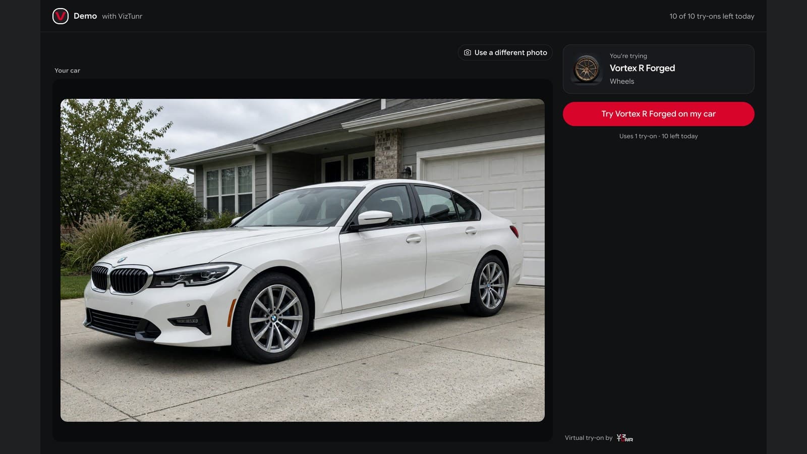 The customer's car photo loaded on the storefront with a single button to try the selected wheel on it