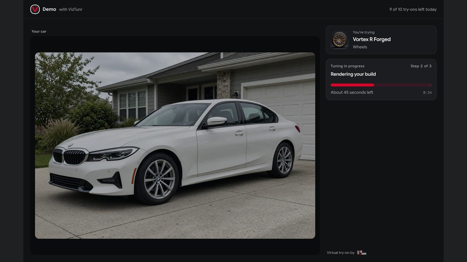 The storefront rendering the wheel on the car, showing step 2 of 3 and about 45 seconds left