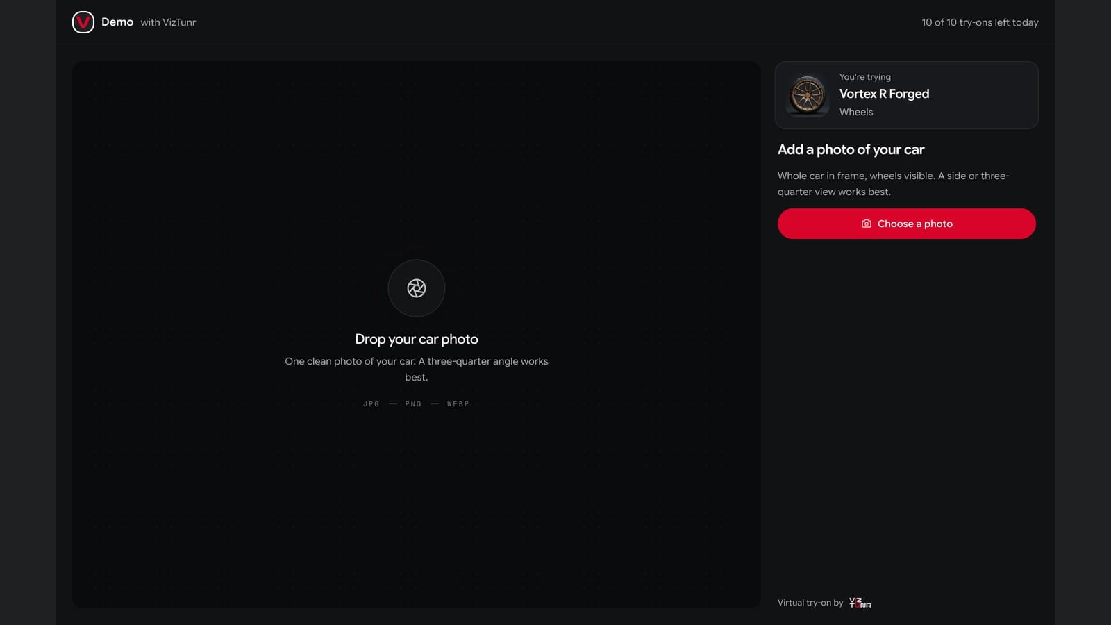 A wheel shop's AI try-on page on arrival: the Vortex R Forged wheel already selected and a prompt to add a photo of the car