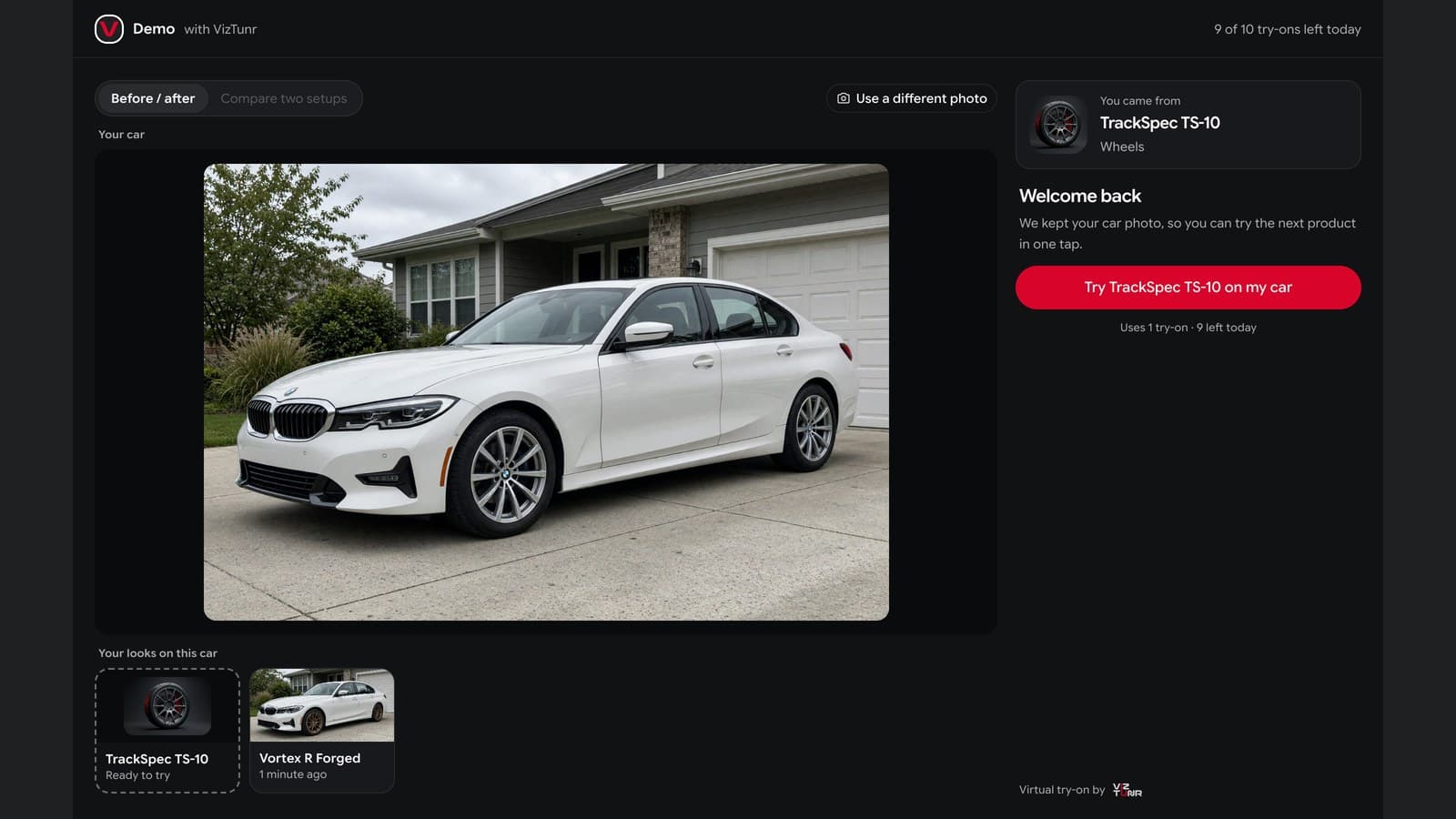 A returning shopper on the storefront: the car photo is kept and the next wheel is ready to try in one tap