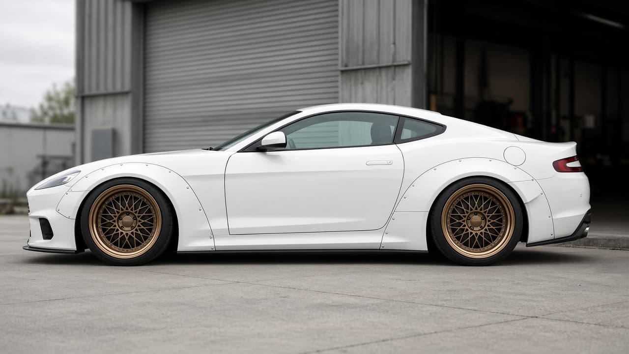 After: the same coupe with riveted widebody overfenders, wider wheels, and a lower stance