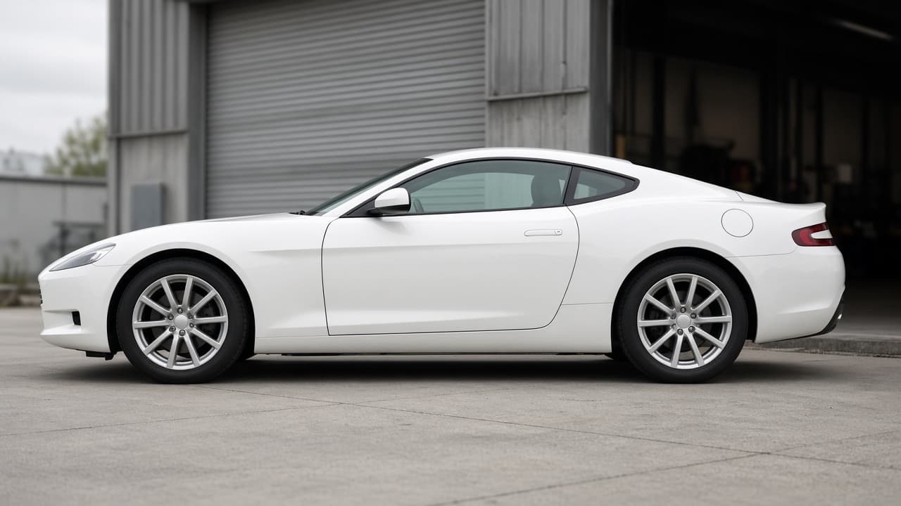 Before: a stock sports coupe with factory fenders and wheels