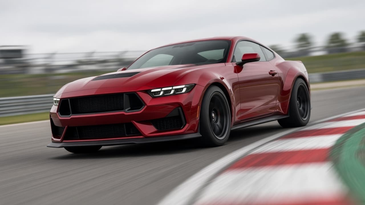 Factory-style widebody muscle coupe cornering on wide tires