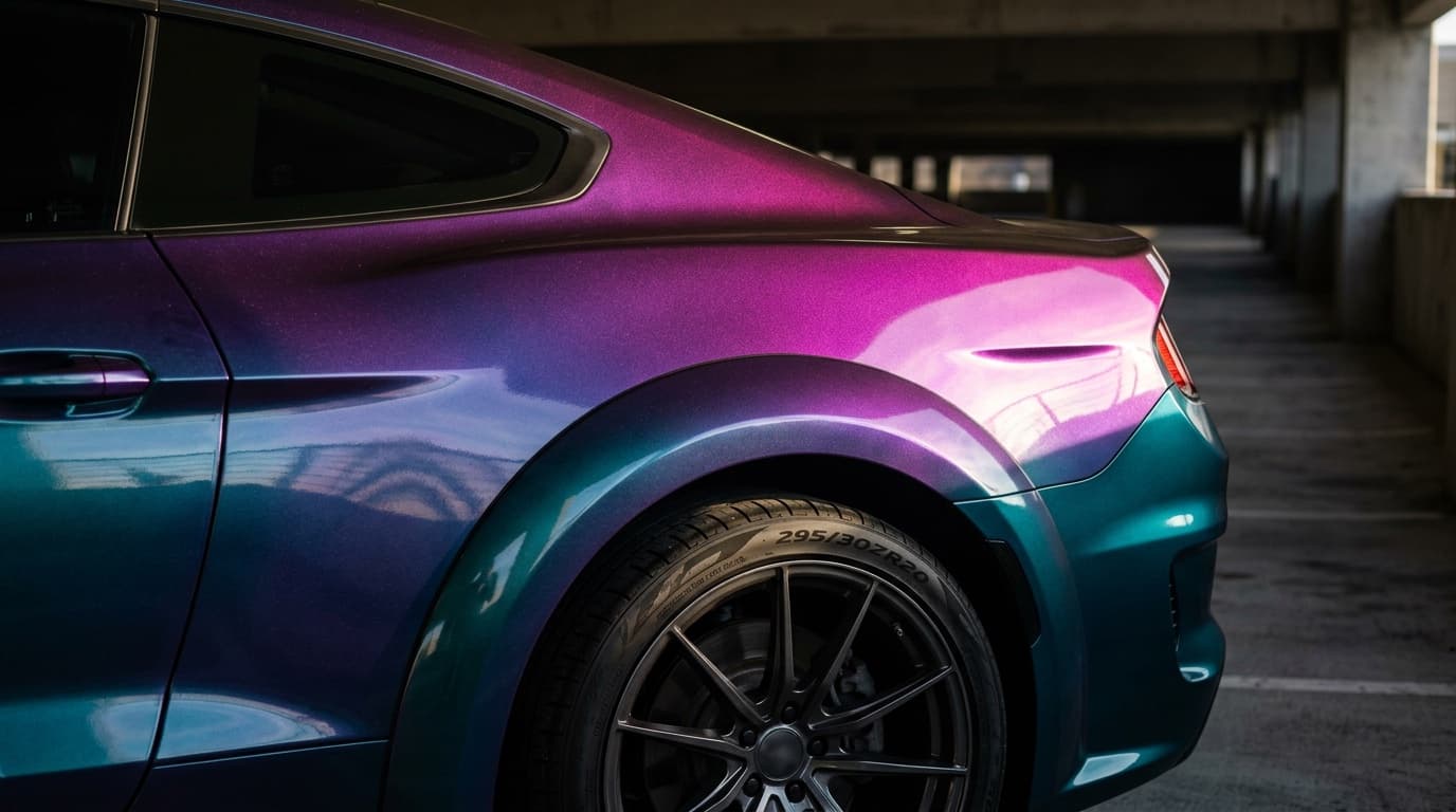 Holographic color-shift car wrap transitioning from teal to violet across a rear quarter panel