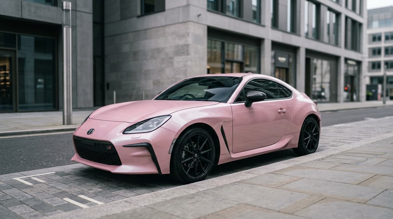 Gloss pearl pink car wrap on a compact coupe standing out against a gray city street