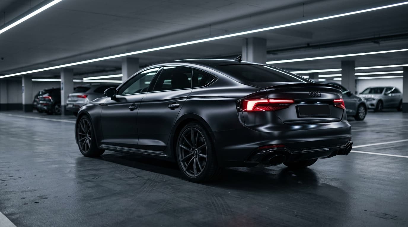 Satin black car wrap on a sports sedan showing the soft sheen that defines the finish