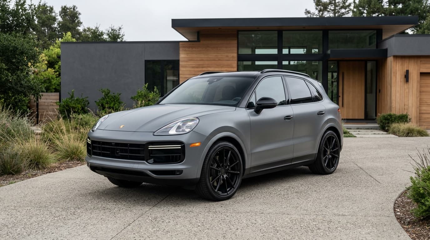 Two-tone car wrap idea: satin gray SUV body contrasted with a gloss black roof