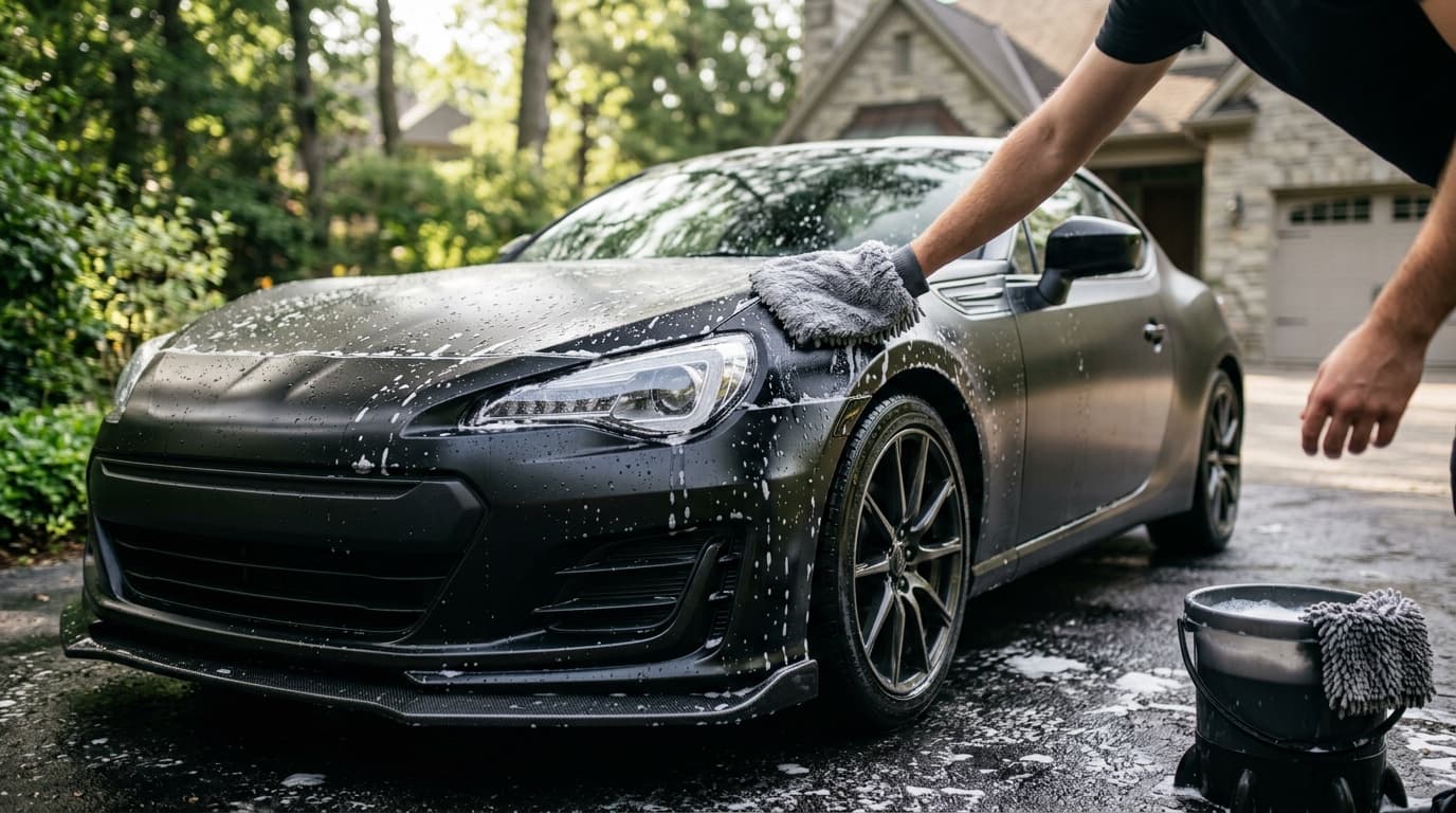 Hand washing a matte black car wrap with a microfiber mitt, the two-week care routine that extends wrap lifespan