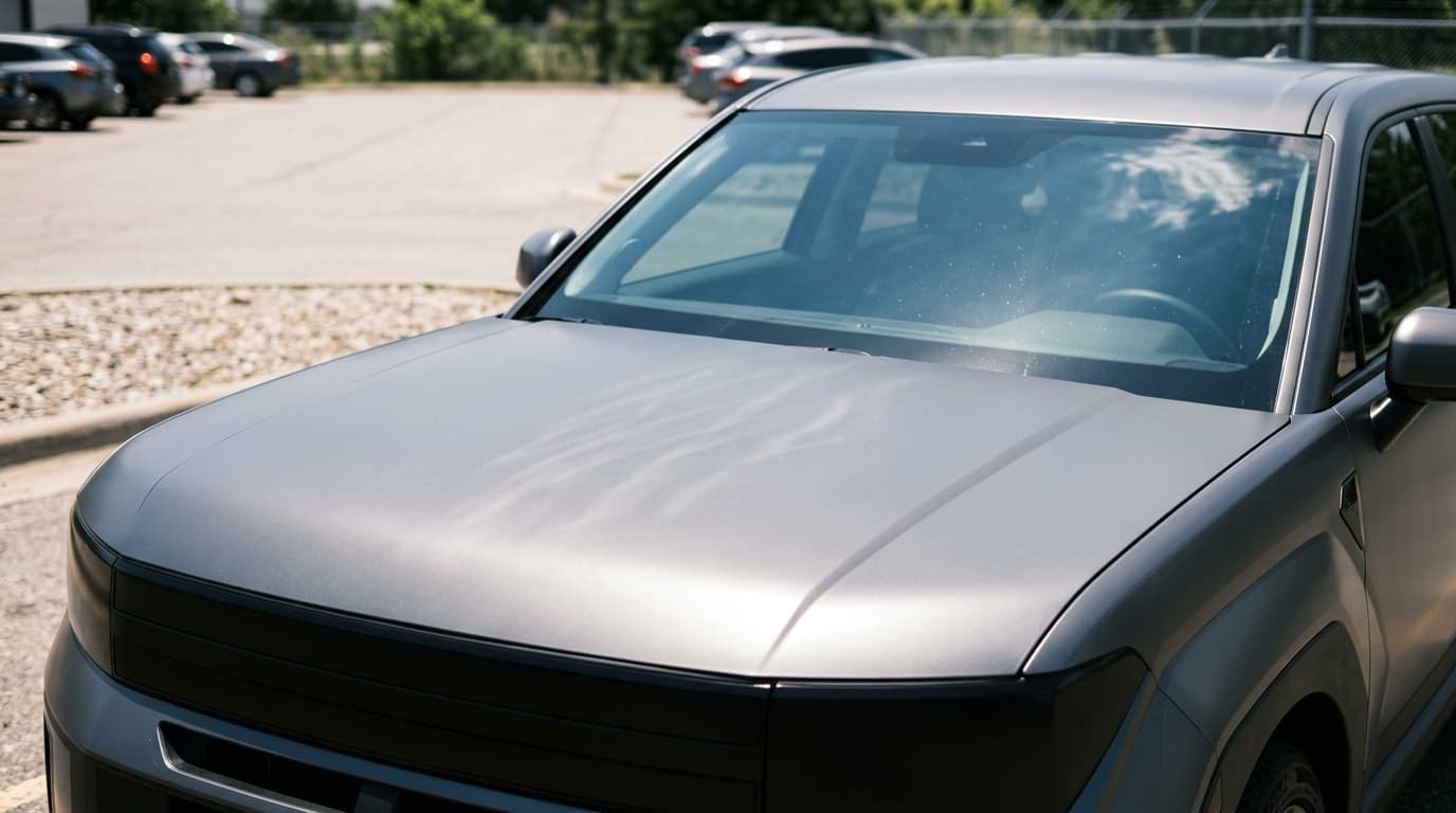 Direct midday sun on the hood and roof of a satin gray wrapped SUV, the panels that age fastest on any car wrap