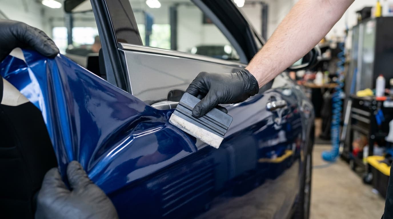 Installer smoothing gloss blue vinyl wrap film onto a door panel with a squeegee during a full car wrap