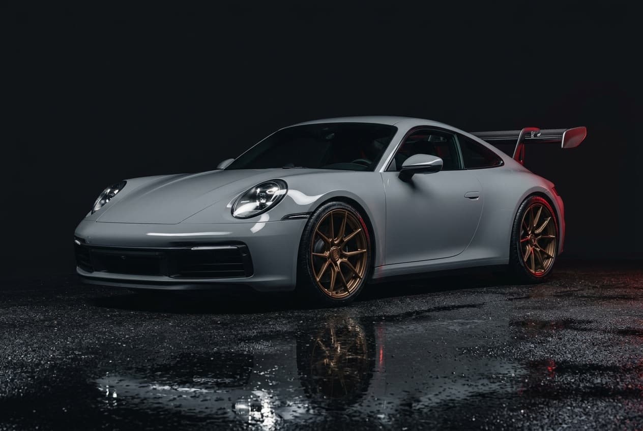 Photoreal render of a 2026 Porsche 911 in chalk grey on bronze forged wheels with a carbon GT wing.