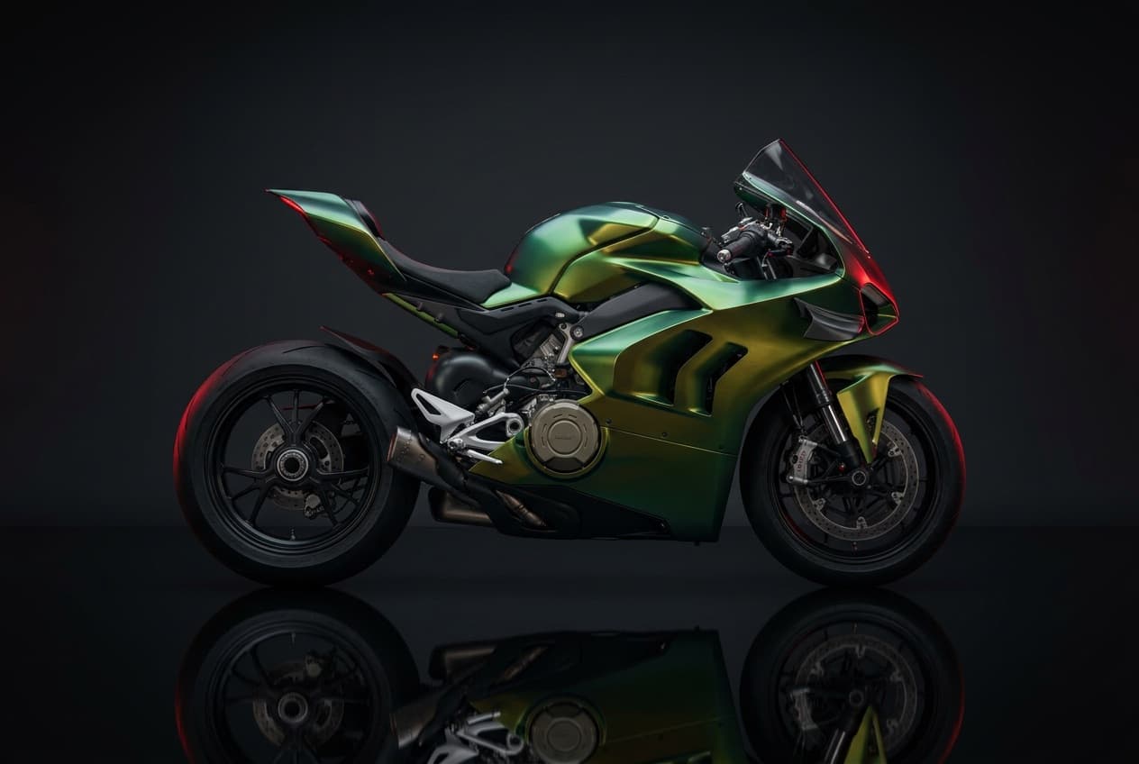 Photoreal render of a 2026 Ducati Panigale superbike in a green-to-gold color-shift wrap.