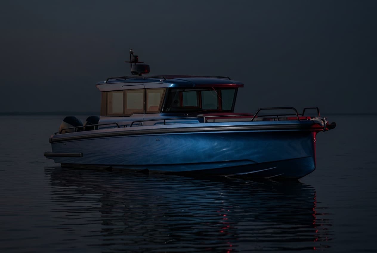 Photoreal render of an Axopar 37 sport boat with a deep-blue metallic hull wrap on open water.