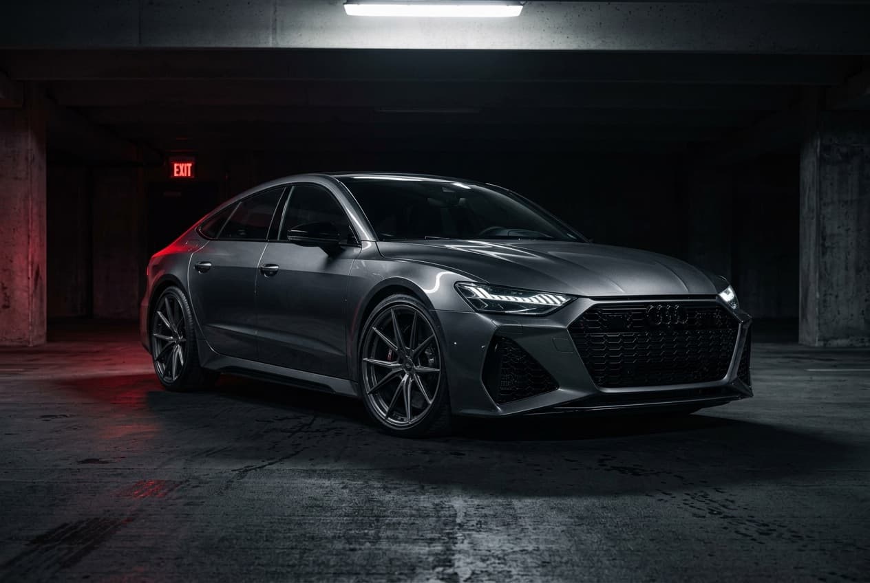 Photoreal render of a 2026 Audi RS7 in daytona grey with a chrome-delete wrap and forged graphite wheels.